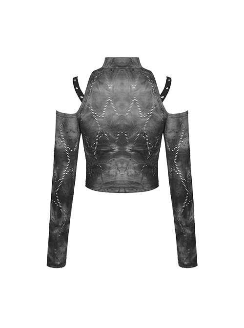 Punk Style Cool Metal Skull Pendant Sexy Hollow Off Shoulder Gray Black Tie Dyed Long Sleeves Short T Shirt
