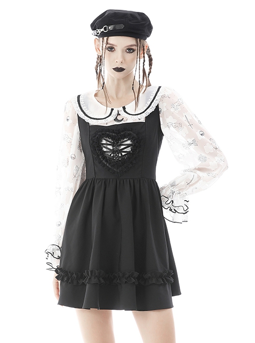 Gothic Style Cute Doll Collar Unique Moon Star Print Delicate Embroidery Lace Black Ruffle White Long Sleeves Shirt