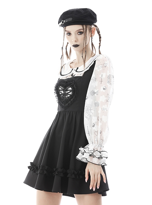 Gothic Style Cute Doll Collar Unique Moon Star Print Delicate Embroidery Lace Black Ruffle White Long Sleeves Shirt