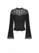 Gothic Style Elegant Stand Collar Exquisite Embroidered Lace Cross Strap Retro Black Trumpet Sleeves Top
