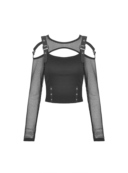 Punk Style Rebel Girl Unique Mesh Stitching Hollow Cool Buckle Design Sexy Black Long Sleeves Short T Shirt