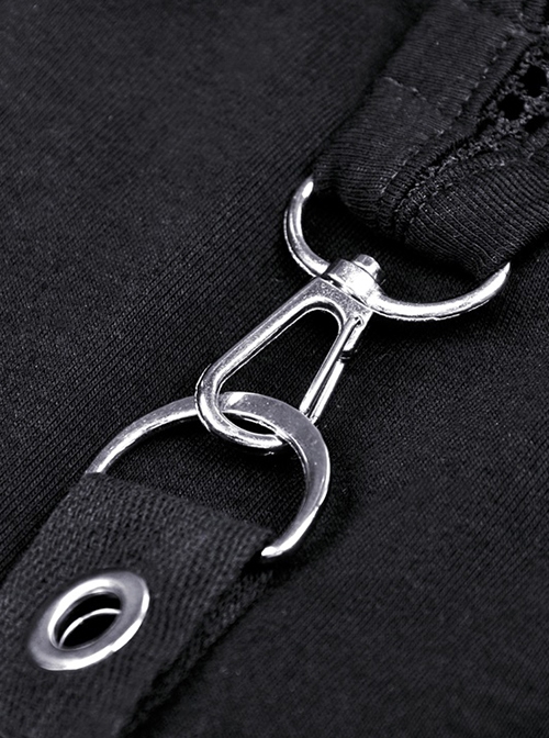 Punk Style Alternative Rebellious Personality Hollow Mesh Splicing Black Knit Long Sleeves Short T Shirt