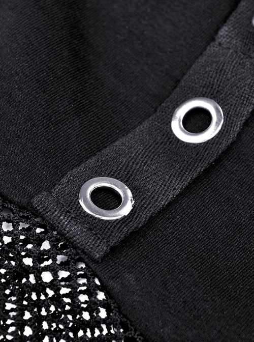 Punk Style Alternative Rebellious Personality Hollow Mesh Splicing Black Knit Long Sleeves Short T Shirt