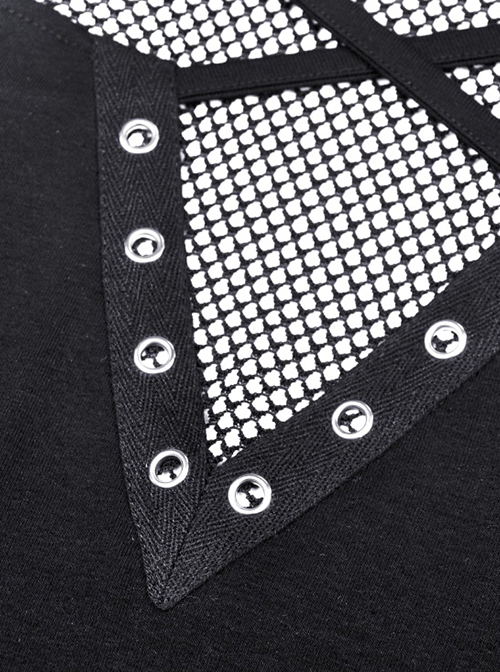 Punk Style V Neck Cross Shoulder Straps Cool Metal Buckle Sexy Black Mesh Long Sleeves Slim T Shirt
