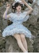 Chinese Style Light Blue Floral Print Improved Cheongsam European Lace Cloud Shoulder Classic Lolita Short Dress