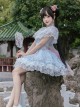 Chinese Style Light Blue Floral Print Improved Cheongsam European Lace Cloud Shoulder Classic Lolita Short Dress