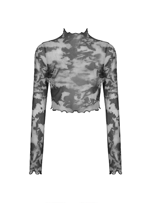 Punk Style High Collar Daily Personalized Gray Tie Dyed Lightweight Mesh Long Sleeves Slim Short Top