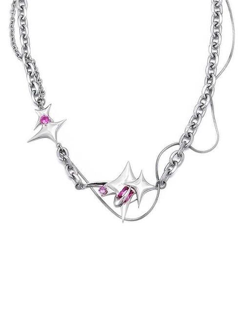 Sweet Blitz Series Punk Lolita Fashion Sweet Cool Pink Diamond Zircon Metallic Four-Pointed Star Necklace
