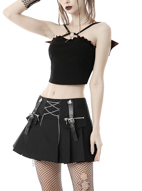 Punk Style Cute Red Leather Bat Wing Sexy Mesh Strap Metal Love Cross Decorated Black Suspender Short Top