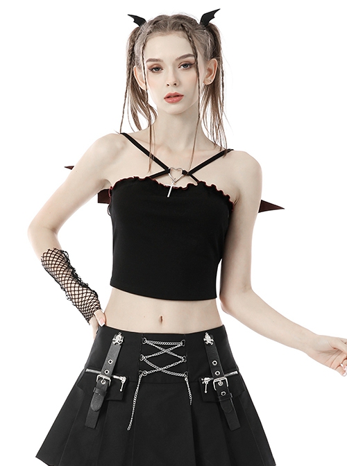 Punk Style Cute Red Leather Bat Wing Sexy Mesh Strap Metal Love Cross Decorated Black Suspender Short Top
