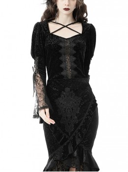 Gothic Style Luxury Velvet Exquisite Lace Stitching Drawstring Straps Elegant Black Trumpet Sleeves Top