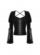 Gothic Style Luxury Velvet Exquisite Lace Stitching Drawstring Straps Elegant Black Trumpet Sleeves Top