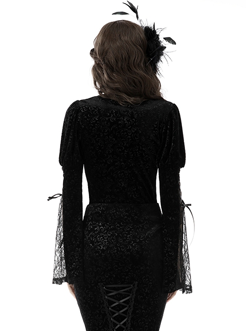 Gothic Style Luxury Velvet Exquisite Lace Stitching Drawstring Straps Elegant Black Trumpet Sleeves Top