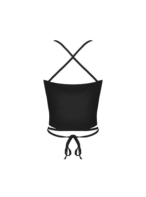 Punk Style Unique Star Shaped Hole Sexy Backless Cross Strap Metal Chain Black Knit Halter Top