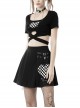 Punk Style Motorcycle Plaid Heart Shaped Metal Chain Decoration Sweet Cool Black Short Sleeves Top