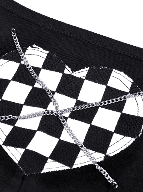 Punk Style Motorcycle Plaid Heart Shaped Metal Chain Decoration Sweet Cool Black Short Sleeves Top