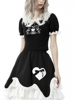 Gothic Style White Lace Doll Collar Ribbon Bowknot Unique Devil Bear Print Black Puff Short Sleeves Top