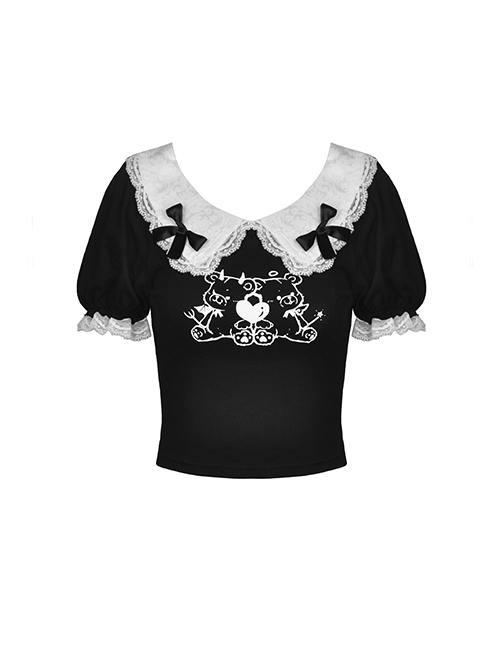 Gothic Style White Lace Doll Collar Ribbon Bowknot Unique Devil Bear Print Black Puff Short Sleeves Top