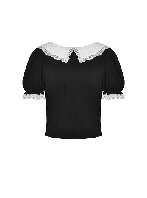 Gothic Style White Lace Doll Collar Ribbon Bowknot Unique Devil Bear Print Black Puff Short Sleeves Top