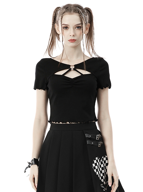 Punk Style Unique Wavy Edge Metal Love Button With Hollow Chest Black Sexy Slim Short Sleeves Top