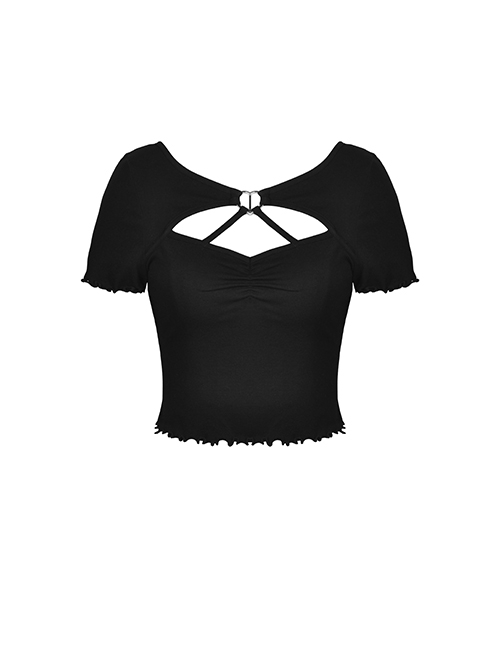 Punk Style Unique Wavy Edge Metal Love Button With Hollow Chest Black Sexy Slim Short Sleeves Top