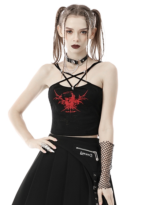 Punk Style Personalized Red Death Star Wings Printed Metal Skull Rivets Decorated Sexy Black Halter Top
