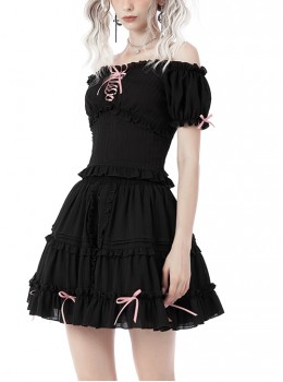 Gothic Style Sexy One Shoulder Lace Ruffled Sweet Pink Ribbon Bowknot Black Puff Sleeves Top