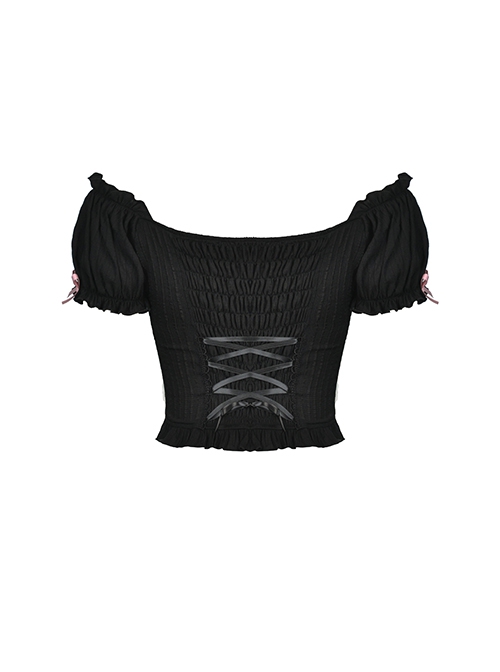 Gothic Style Sexy One Shoulder Lace Ruffled Sweet Pink Ribbon Bowknot Black Puff Sleeves Top