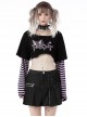 Punk Style Unique Cheshire Cat Purple Printed Striped Sleeves Sexy  Rebellious Black Short Loose Top