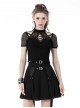 Punk Style Cool Halter Neck Metal Buttonhole Sexy Hollow Mesh Black Short Sleeves Knit T Shirt