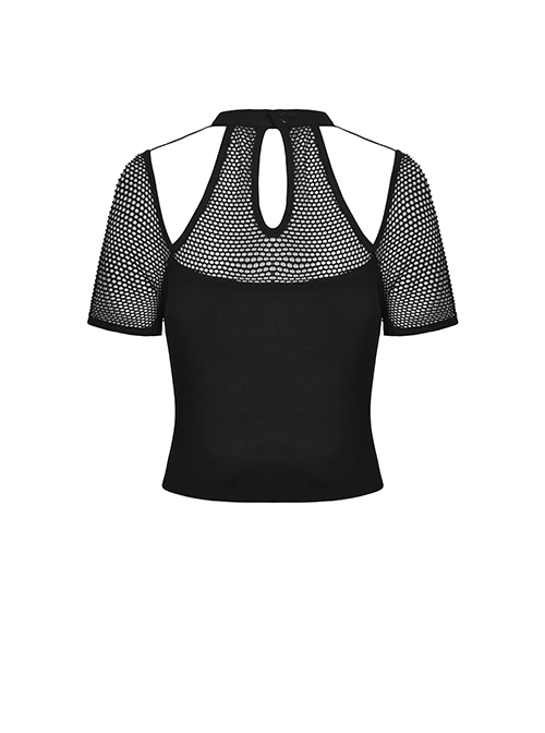 Punk Style Cool Halter Neck Metal Buttonhole Sexy Hollow Mesh Black Short Sleeves Knit T Shirt