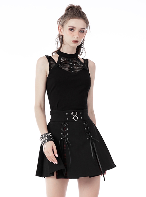 Punk Style Sexy Hollow Mesh Splicing Personalized Metal Ring Cross Strap Black Halterneck Suspender Top