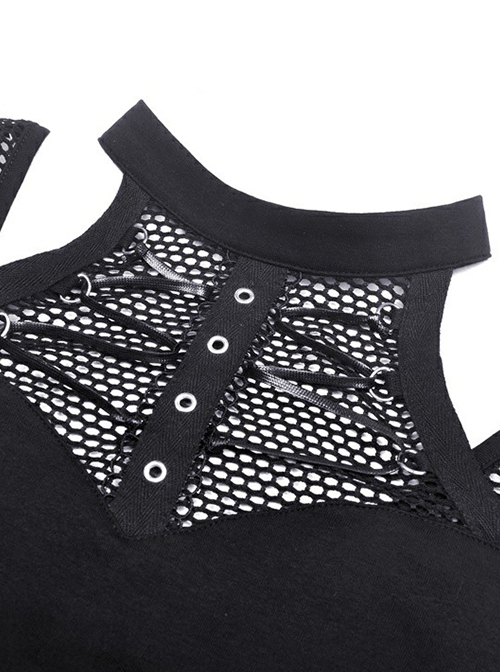 Punk Style Sexy Hollow Mesh Splicing Personalized Metal Ring Cross Strap Black Halterneck Suspender Top