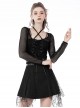 Punk Style Cool Rock Mesh See Through Cross Halter Neck Strap Sexy Backless Black Long Sleeves Top