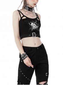 Punk Style Cool Devil Fish Print Personalized Hollow Metal Buckle Sexy Black Suspender Short Top