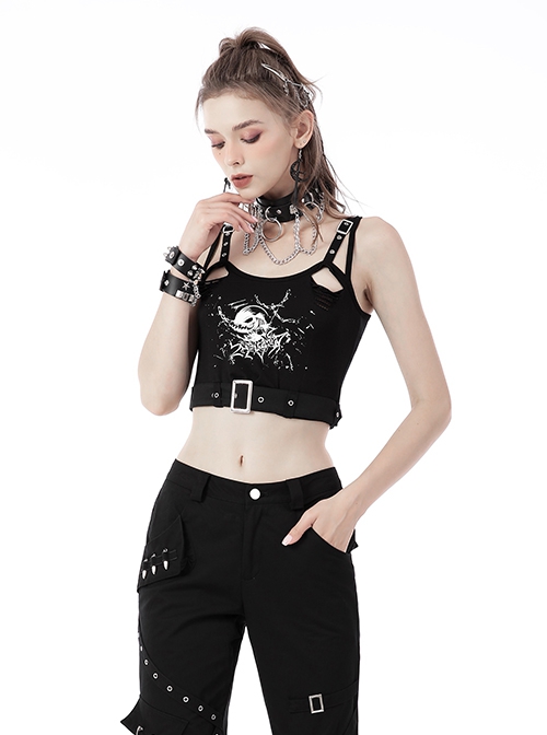 Punk Style Cool Devil Fish Print Personalized Hollow Metal Buckle Sexy Black Suspender Short Top