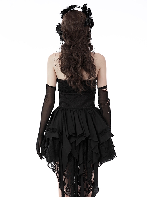 Gothic Style Gorgeous Pleated Jacquard Delicate Embroidered Flower Lace Sexy Black Halter Neck Slim Top