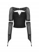 Punk Style Rebel Lace Unique Splicing Detachable Sleeves V Shaped Hollow Chest Cool Black Slim Top