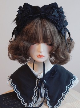 Cute Versatile Handmade Dark Black Ribbon Bowknot Lace Plush Cat Ear Gothic Lolita Hairband