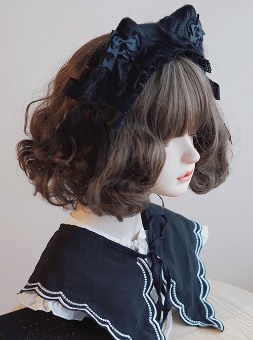 Cute Versatile Handmade Dark Black Ribbon Bowknot Lace Plush Cat Ear Gothic Lolita Hairband