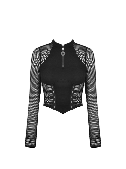 Punk Style Cool Stand Collar Design Metal Smiley Face Zip Hollow Mesh Splicing Black Long Sleeves Top