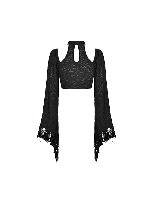 Gothic Retro Metal Buckle Knitted Tattered Design Decadent Black Long Trumpet Sleeves Short Top