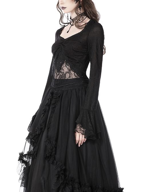 Gothic Style Exquisite Lace Splicing Waist See Through Retro Elegant Black Mesh Long Sleeves Top