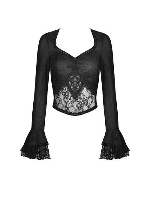 Gothic Style Exquisite Lace Splicing Waist See Through Retro Elegant Black Mesh Long Sleeves Top