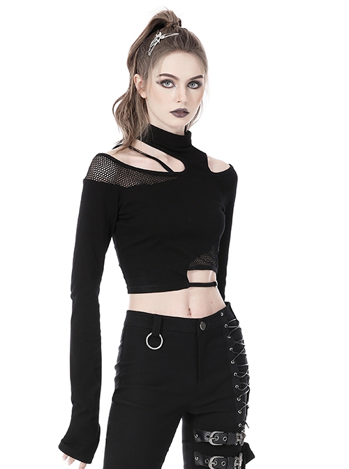 Punk Style Stand Collar Cool Unruly Irregular Hollow Unique Mesh Splicing Sexy Black Long Sleeves Top