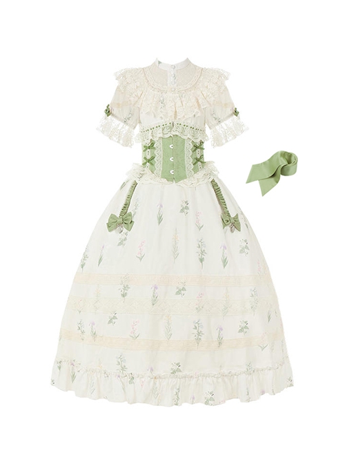 Light Green Fresh Lace Edward Collar Elegant Spring Campanula Phalaenopsis Print Imperial Dress Classic Lolita Dress