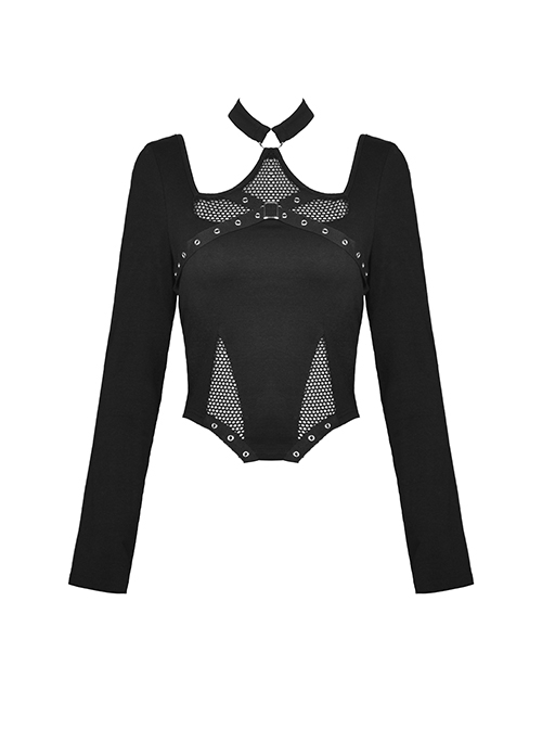 Punk Style Halter Neck Design Sexy Mesh Stitching Backless Metal Ring Buckle Black Long Sleeves Top