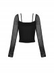 Punk Style Rebellious Girl Leather Cross Strap Mesh Lace Black Slim Suspender Long Sleeves Top