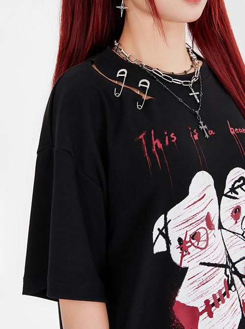 Versatile Dark Subculture Double Head Injured Bloody White Bear Rebellious Punk Kawaii Fashion Black T-Shirt