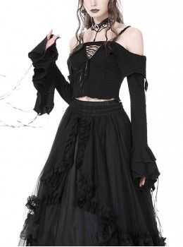 Gothic Style Sexy One Shoulder Hollows Chest Gorgeous Multi-Layered Trumpet Sleeves Black Suspender Top